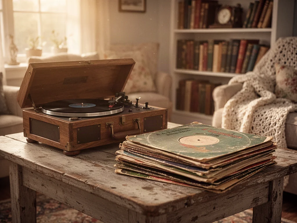 Zabytkowy gramofon i stos płyt winylowych na przytulnym stole, przywołujące nostalgię za dawnymi piosenkami dla dzieci.