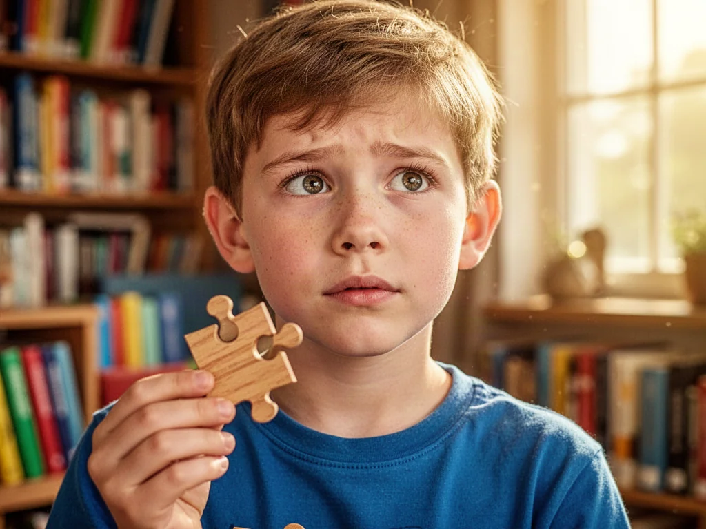 Jedenastoletni chłopiec zamyślony nad drewnianą łamigłówką w przytulnej bibliotece. Idealna ilustracja do zagadek logicznych.