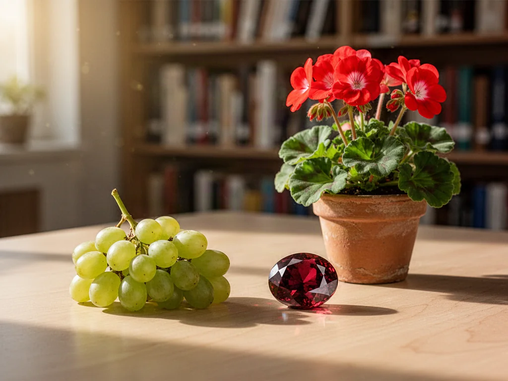 Przedmioty na literę G: winogrono, granat oraz pelargonia ustawione na drewnianym stole.