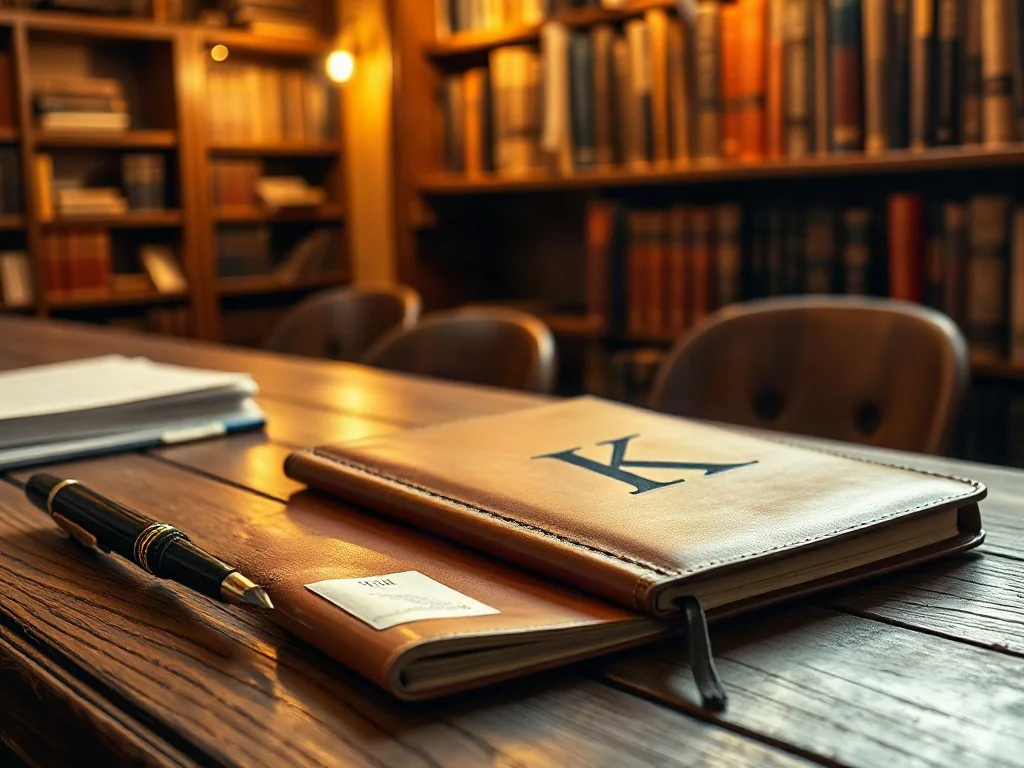 Elegancki notatnik z literą „K” oraz pióro wieczne na drewnianym biurku w przytulnej bibliotece.